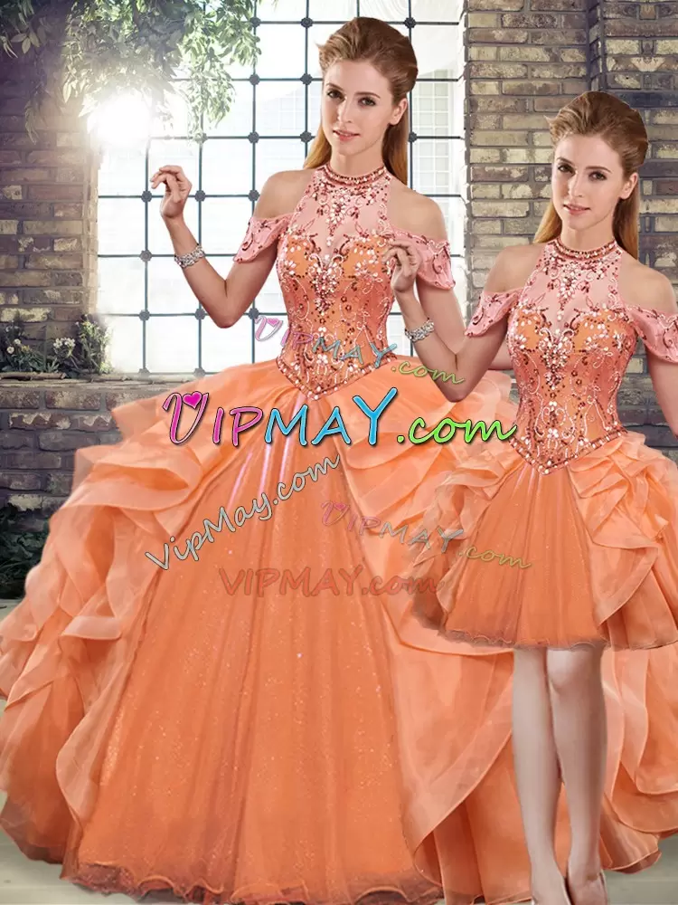 Fashion Floor Length Orange Quinceanera Dress Halter Top Sleeveless Lace Up