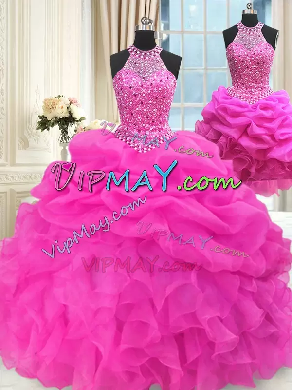 Traditional Hot Pink Sleeveless Beading and Pick Ups Floor Length Quinceanera Dresses