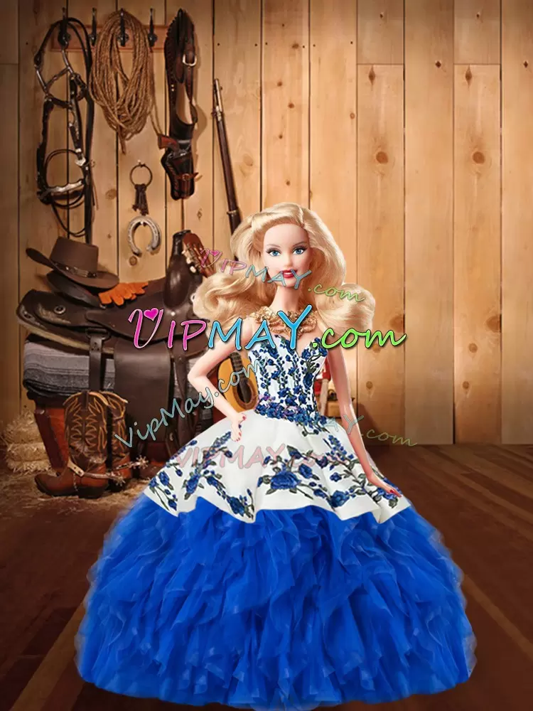 Noble Embroidery and Ruffles Vestidos de Quinceanera Blue Lace Up Sleeveless Floor Length