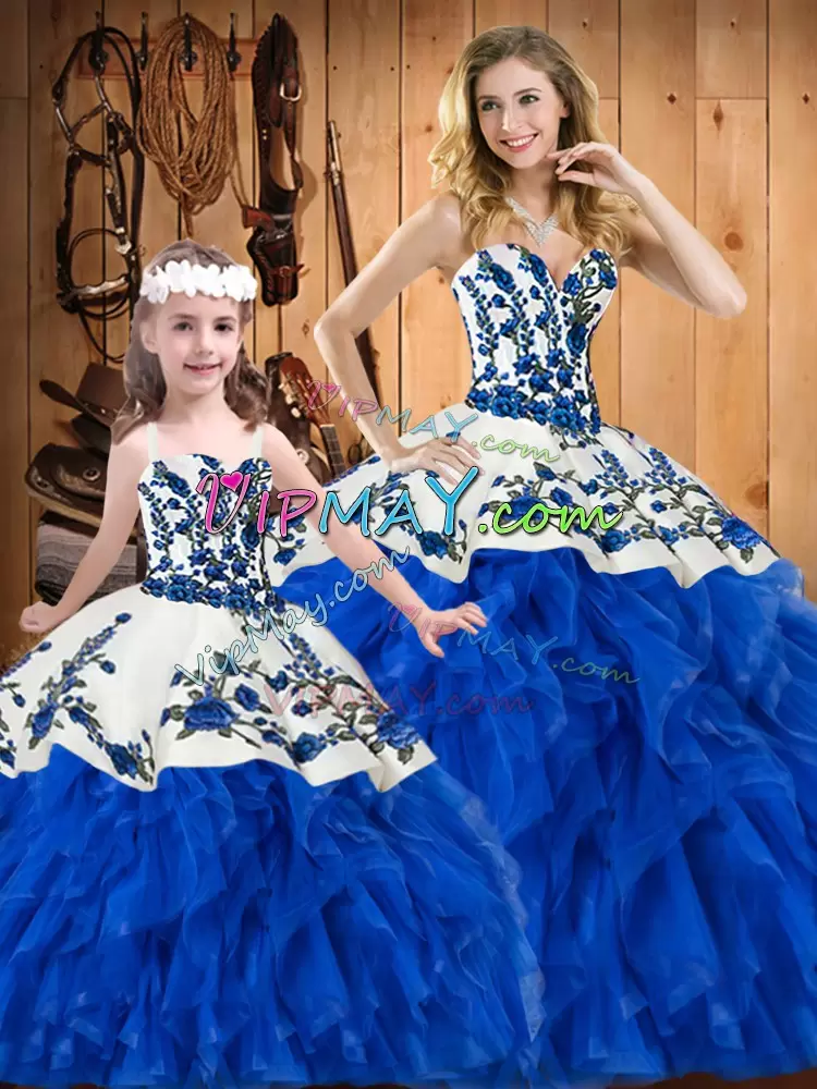 Noble Embroidery and Ruffles Vestidos de Quinceanera Blue Lace Up Sleeveless Floor Length