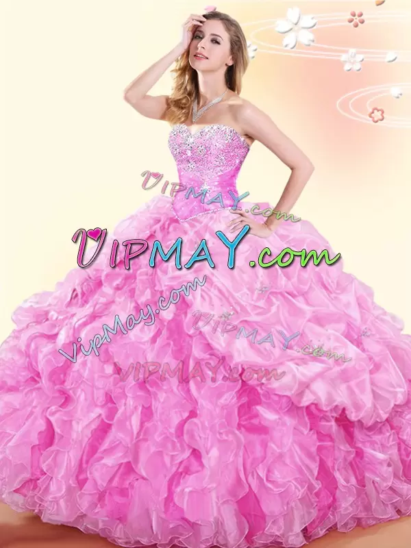 Amazing Sweetheart Sleeveless Organza Ball Gown Prom Dress Beading and Ruffles and Pick Ups Lace Up