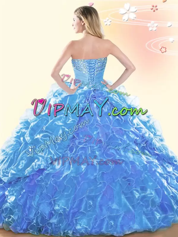 Amazing Sweetheart Sleeveless Organza Ball Gown Prom Dress Beading and Ruffles and Pick Ups Lace Up