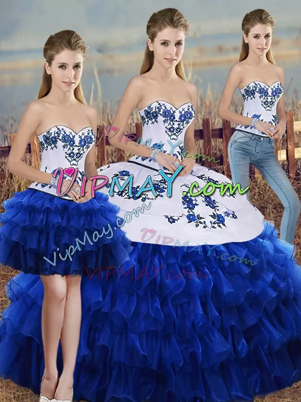 Organza Sweetheart Sleeveless Lace Up Embroidery and Ruffled Layers and Bowknot 15 Quinceanera Dress in Royal Blue