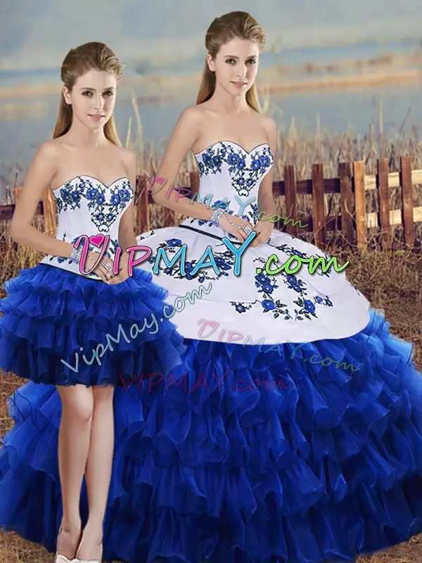 Organza Sweetheart Sleeveless Lace Up Embroidery and Ruffled Layers and Bowknot 15 Quinceanera Dress in Royal Blue