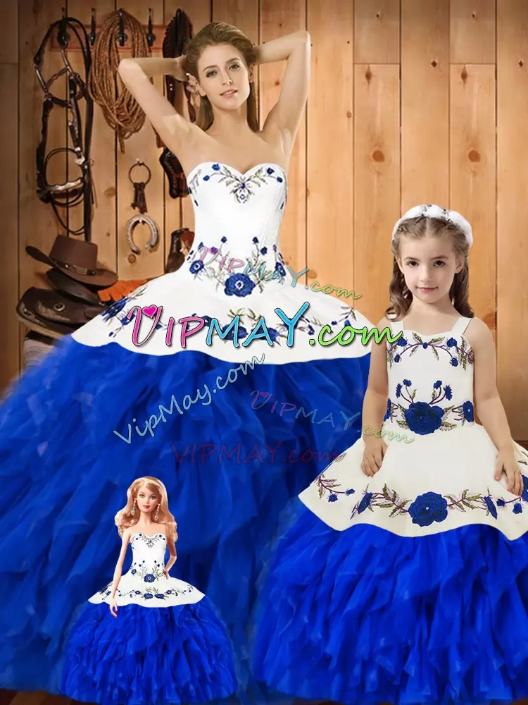 Fancy Blue And White Lace Up Sweetheart Embroidery and Ruffles Quinceanera Dresses Satin and Organza Sleeveless