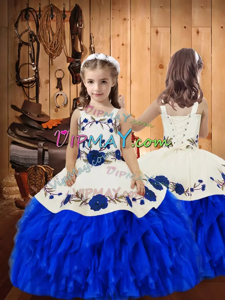 Fancy Blue And White Lace Up Sweetheart Embroidery and Ruffles Quinceanera Dresses Satin and Organza Sleeveless