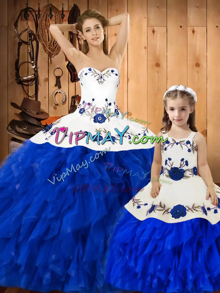 Fancy Blue And White Lace Up Sweetheart Embroidery and Ruffles Quinceanera Dresses Satin and Organza Sleeveless