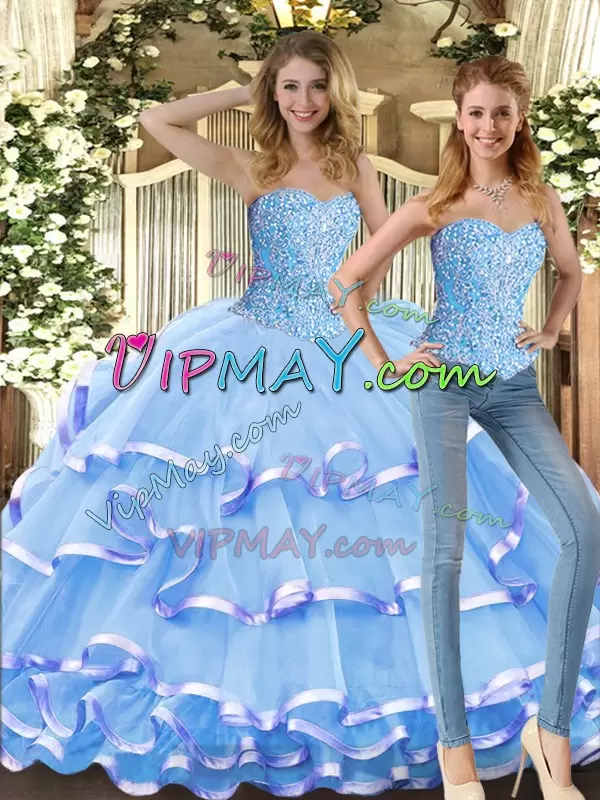 Floor Length Baby Blue 15 Quinceanera Dress Tulle Sleeveless Beading and Ruffled Layers