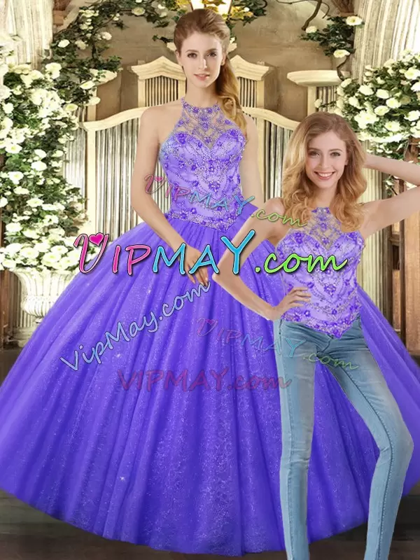 Lavender Halter Top Lace Up Beading Vestidos de Quinceanera Sleeveless