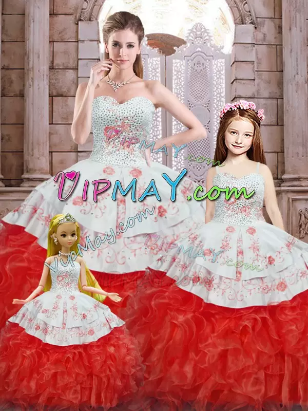 Beading and Appliques and Ruffles 15th Birthday Dress White And Red Lace Up Sleeveless Floor Length