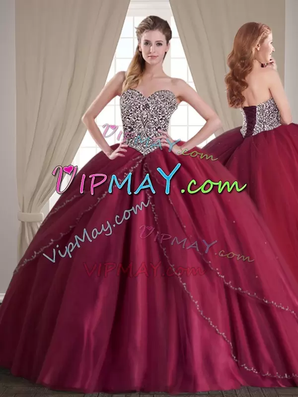 Most Popular Burgundy Sweetheart Lace Up Beading Quinceanera Gowns Brush Train Sleeveless