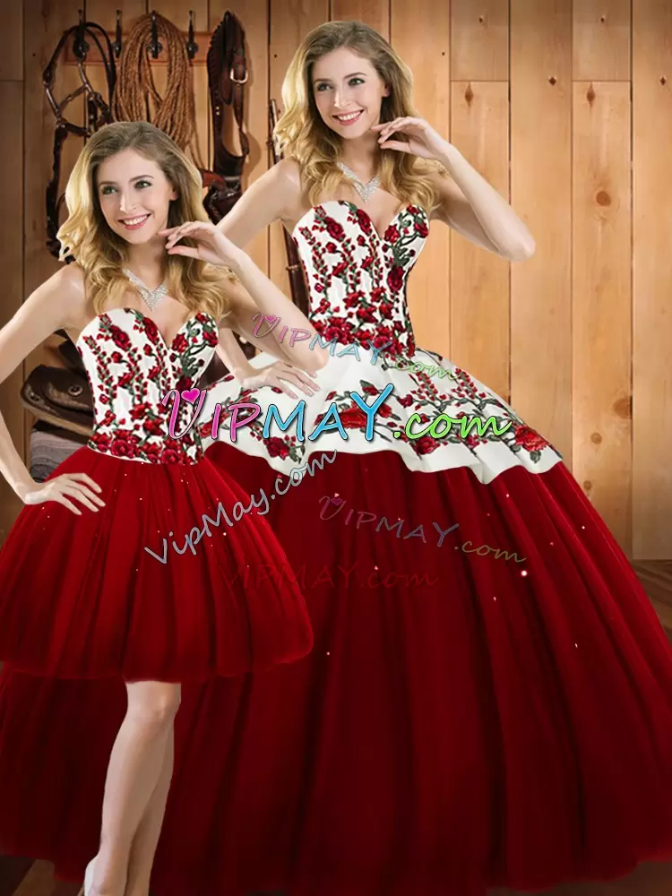 Fantastic Floor Length Wine Red Vestidos de Quinceanera Satin and Tulle Sleeveless Embroidery