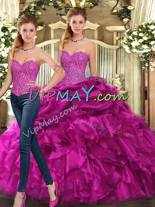 Glittering Fuchsia Lace Up Quince Ball Gowns Beading and Ruffles Sleeveless Floor Length