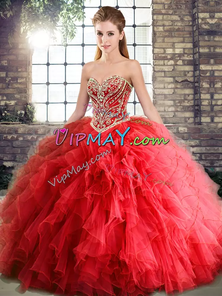 Sexy Tulle Sweetheart Sleeveless Lace Up Beading and Ruffles 15th Birthday Dress in Red