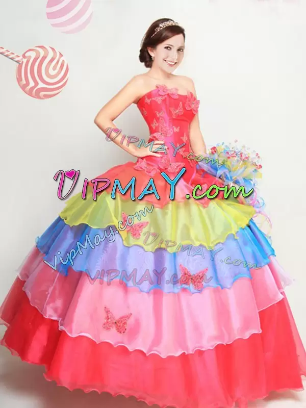 Admirable Multi-color Lace Up Strapless Appliques and Ruffled Layers Sweet 16 Quinceanera Dress Organza Sleeveless