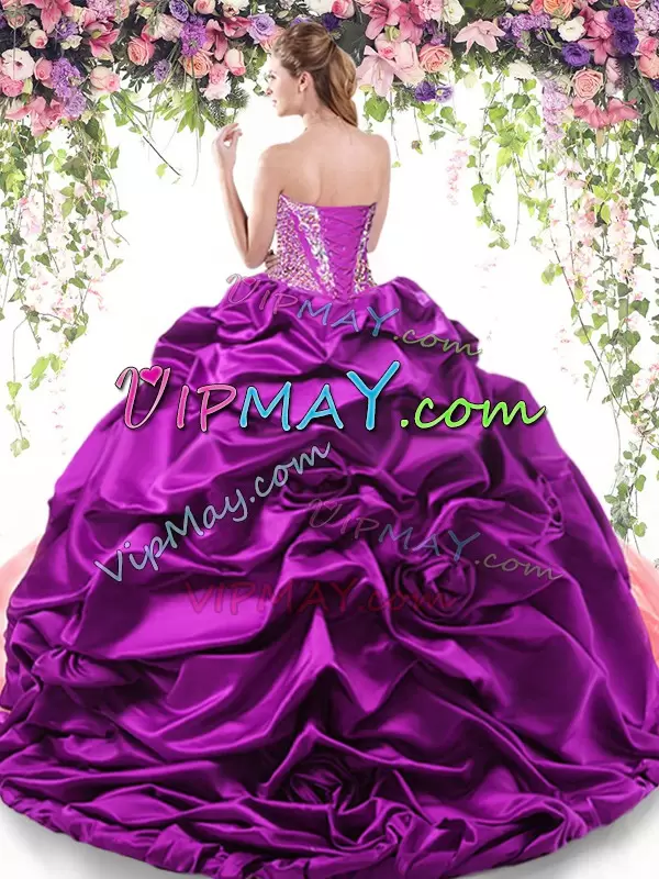 Stylish Multi-color Organza and Taffeta Lace Up Sweetheart Sleeveless With Train Quince Ball Gowns Brush Train Beading and Ruffled Layers and Pick Ups