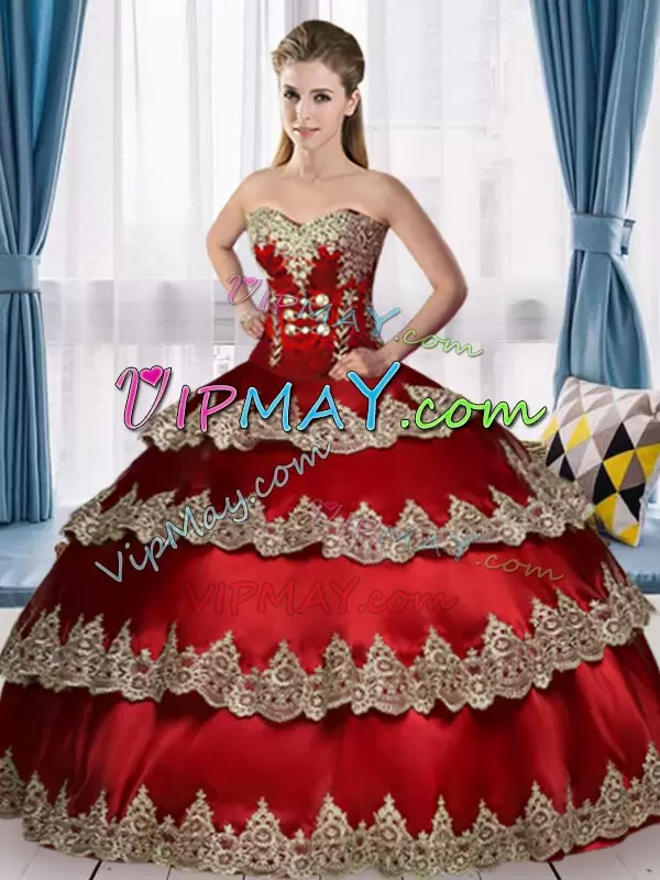 Exquisite Sweetheart Sleeveless Quinceanera Dress Floor Length Appliques Wine Red Satin