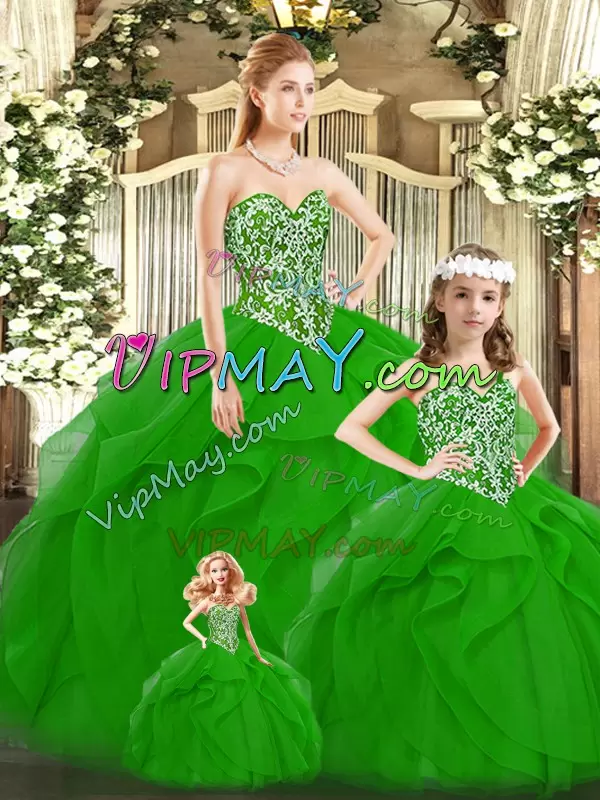 Simple Green Ball Gowns Sweetheart Sleeveless Tulle Floor Length Lace Up Beading and Ruffles Quinceanera Gowns