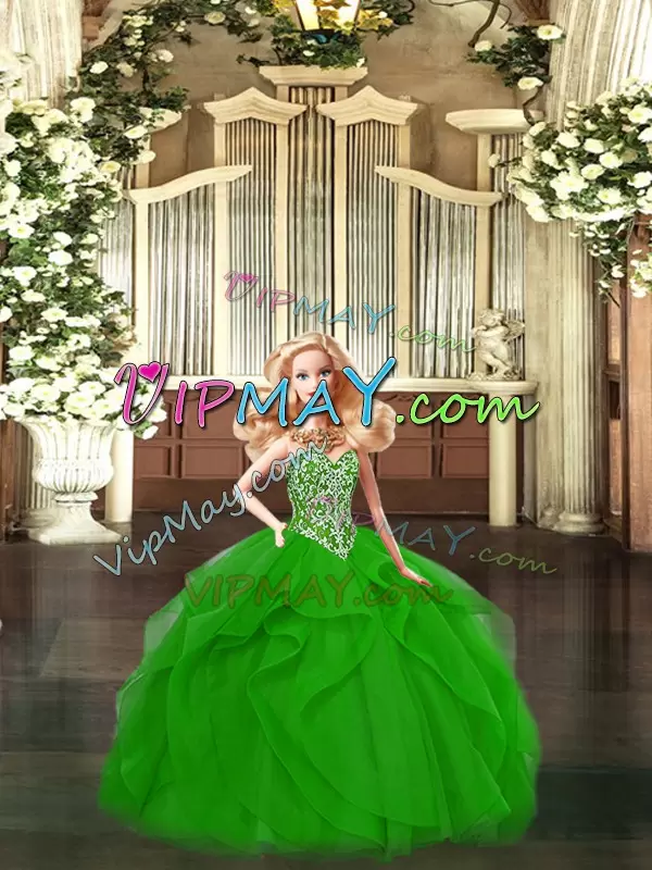 Simple Green Ball Gowns Sweetheart Sleeveless Tulle Floor Length Lace Up Beading and Ruffles Quinceanera Gowns