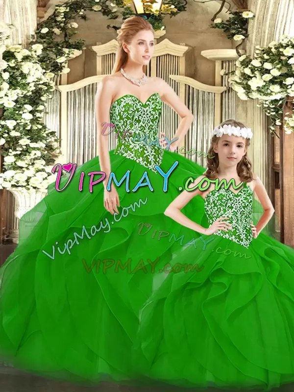 Simple Green Ball Gowns Sweetheart Sleeveless Tulle Floor Length Lace Up Beading and Ruffles Quinceanera Gowns