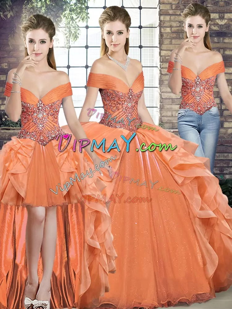 Vintage Orange Three Pieces Organza Off The Shoulder Sleeveless Beading and Ruffles Floor Length Lace Up Vestidos de Quinceanera