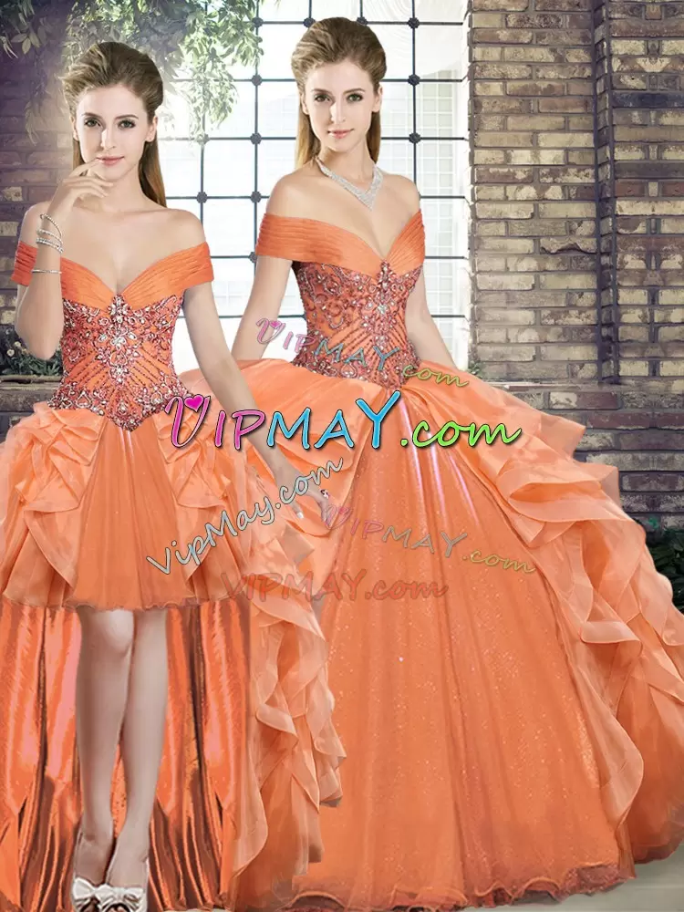 Vintage Orange Three Pieces Organza Off The Shoulder Sleeveless Beading and Ruffles Floor Length Lace Up Vestidos de Quinceanera