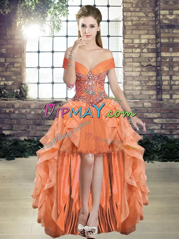 Vintage Orange Three Pieces Organza Off The Shoulder Sleeveless Beading and Ruffles Floor Length Lace Up Vestidos de Quinceanera