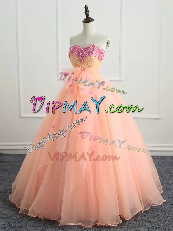 Fantastic Peach Sleeveless Floor Length Beading and Appliques and Bowknot Lace Up Quinceanera Gowns Sweetheart