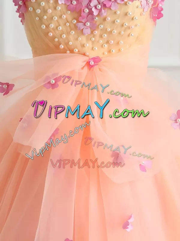 Fantastic Peach Sleeveless Floor Length Beading and Appliques and Bowknot Lace Up Quinceanera Gowns Sweetheart
