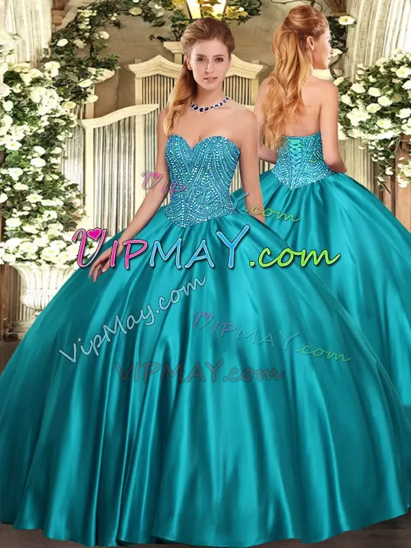 Teal 15 Quinceanera Dress Military Ball and Sweet 16 and Quinceanera with Beading Sweetheart Sleeveless Lace Up