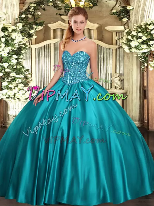 Teal 15 Quinceanera Dress Military Ball and Sweet 16 and Quinceanera with Beading Sweetheart Sleeveless Lace Up