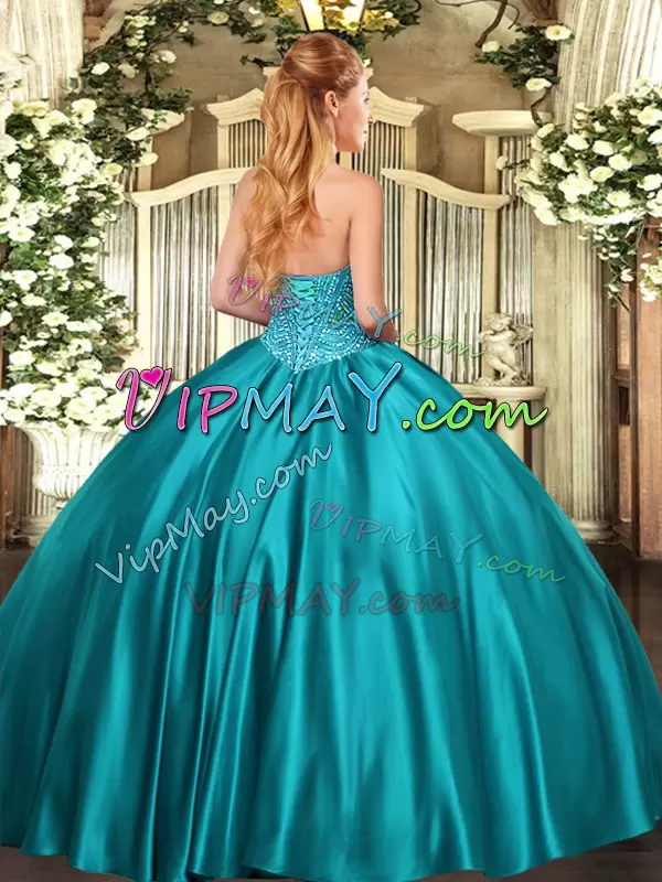 Teal 15 Quinceanera Dress Military Ball and Sweet 16 and Quinceanera with Beading Sweetheart Sleeveless Lace Up