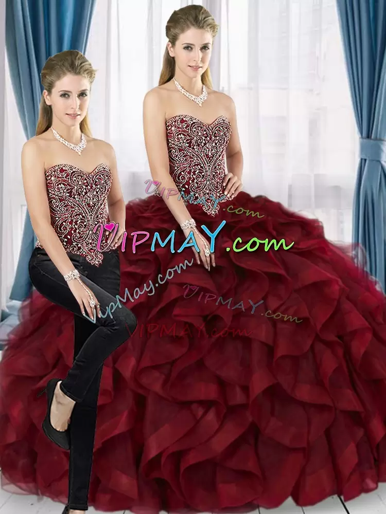 Inexpensive Beading Sweet 16 Dresses Burgundy Lace Up Sleeveless Floor Length