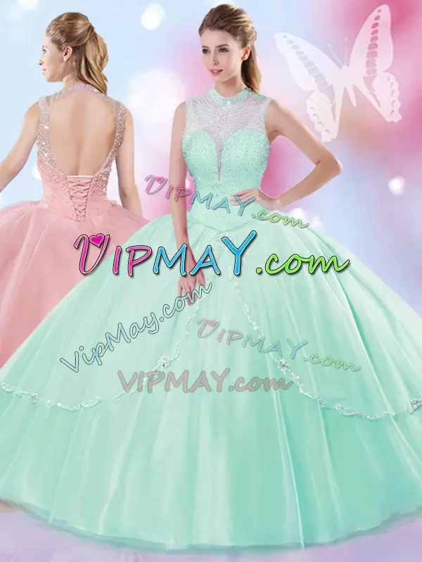 Sleeveless Floor Length Beading Lace Up 15 Quinceanera Dress with Apple Green