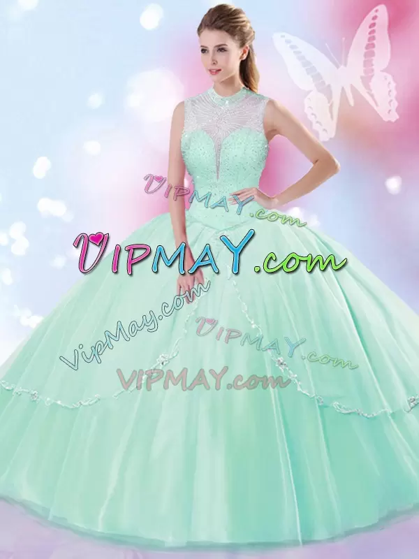 Sleeveless Floor Length Beading Lace Up 15 Quinceanera Dress with Apple Green