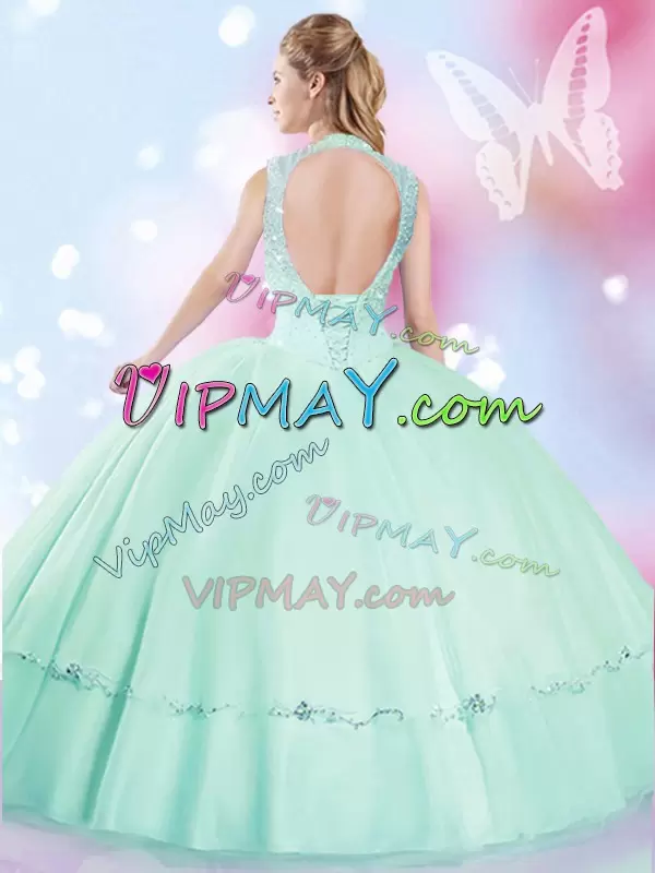 Sleeveless Floor Length Beading Lace Up 15 Quinceanera Dress with Apple Green