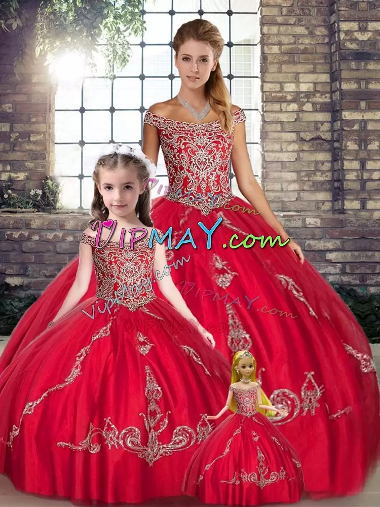 Modest Red Sleeveless Tulle Lace Up Quinceanera Gown for Military Ball and Sweet 16 and Quinceanera