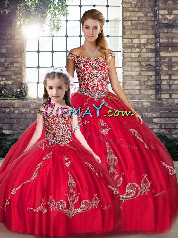 Modest Red Sleeveless Tulle Lace Up Quinceanera Gown for Military Ball and Sweet 16 and Quinceanera