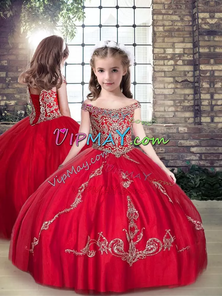 Modest Red Sleeveless Tulle Lace Up Quinceanera Gown for Military Ball and Sweet 16 and Quinceanera
