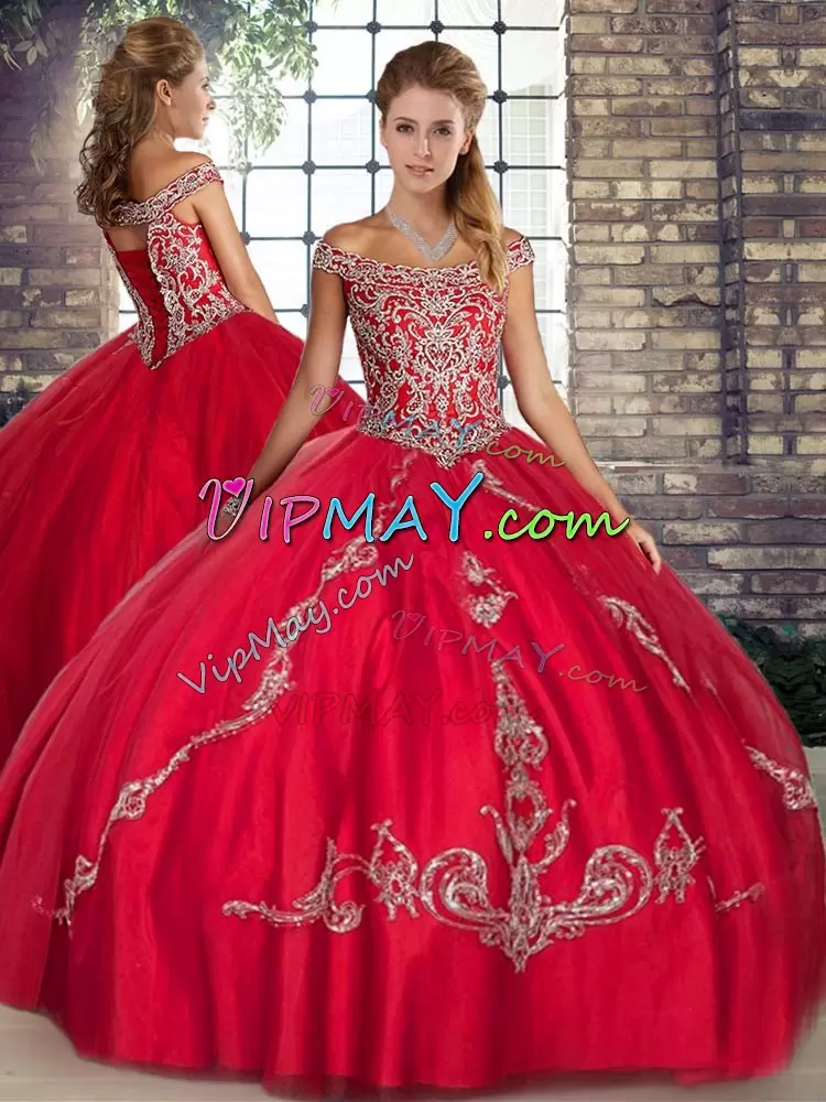 Modest Red Sleeveless Tulle Lace Up Quinceanera Gown for Military Ball and Sweet 16 and Quinceanera