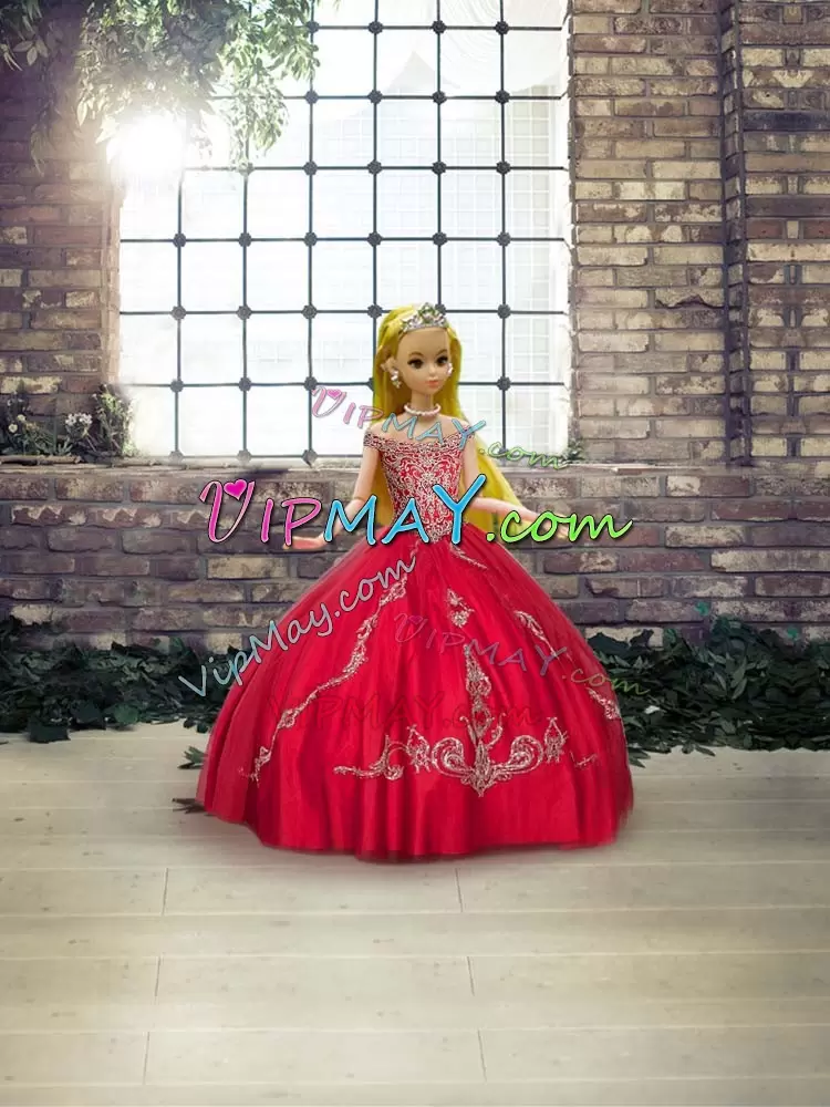 Modest Red Sleeveless Tulle Lace Up Quinceanera Gown for Military Ball and Sweet 16 and Quinceanera