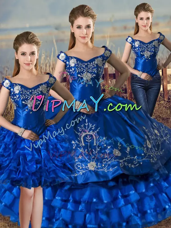 Vintage Floor Length Royal Blue Ball Gown Prom Dress Off The Shoulder Sleeveless Lace Up