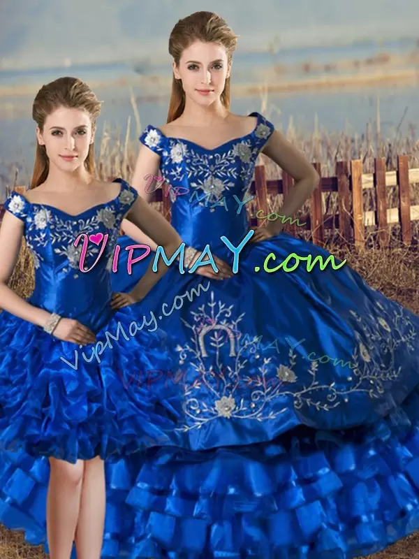 Vintage Floor Length Royal Blue Ball Gown Prom Dress Off The Shoulder Sleeveless Lace Up