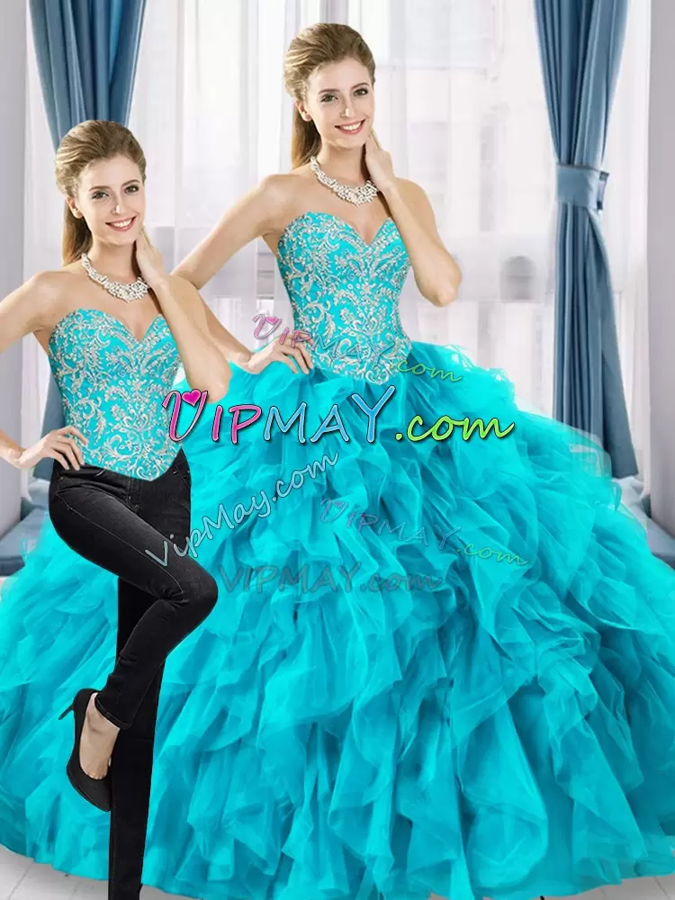 Aqua Blue Lace Up Vestidos de Quinceanera Beading and Ruffles Sleeveless Floor Length