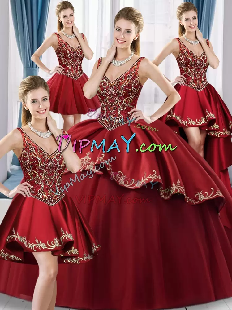 Wine Red Quince Ball Gowns Sweet 16 and Quinceanera with Beading and Appliques V-neck Sleeveless Lace Up