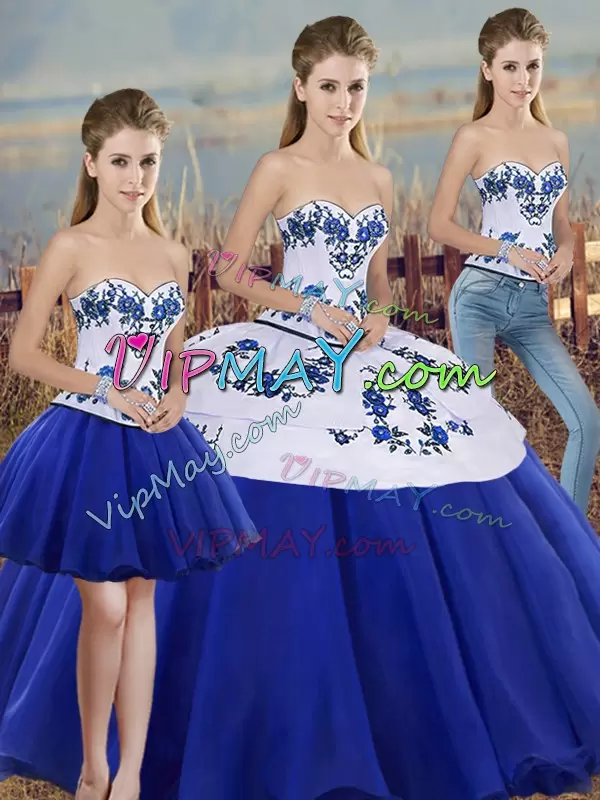 Royal Blue Tulle Lace Up Sweetheart Sleeveless Floor Length 15 Quinceanera Dress Embroidery and Bowknot