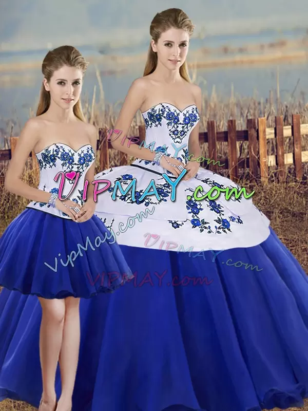 Royal Blue Tulle Lace Up Sweetheart Sleeveless Floor Length 15 Quinceanera Dress Embroidery and Bowknot