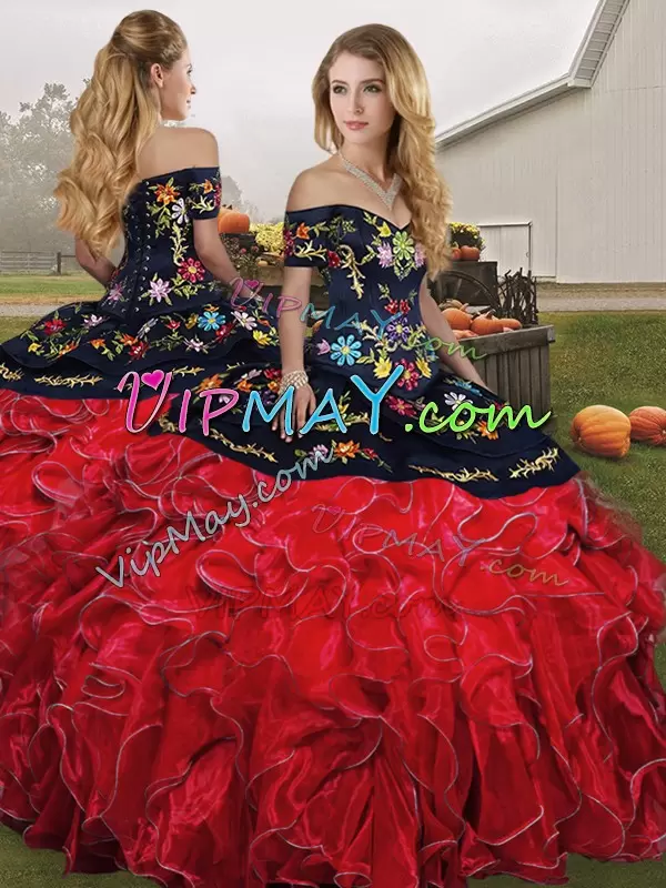 Customized Floor Length Lace Up Sweet 16 Quinceanera Dress Red And Black for Military Ball and Sweet 16 and Quinceanera with Embroidery and Ruffles