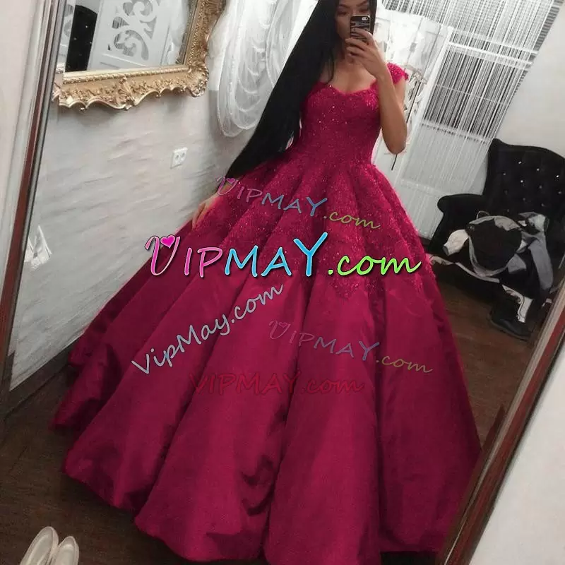 Captivating Beading and Appliques Ball Gown Prom Dress Burgundy Lace Up Sleeveless Sweep Train