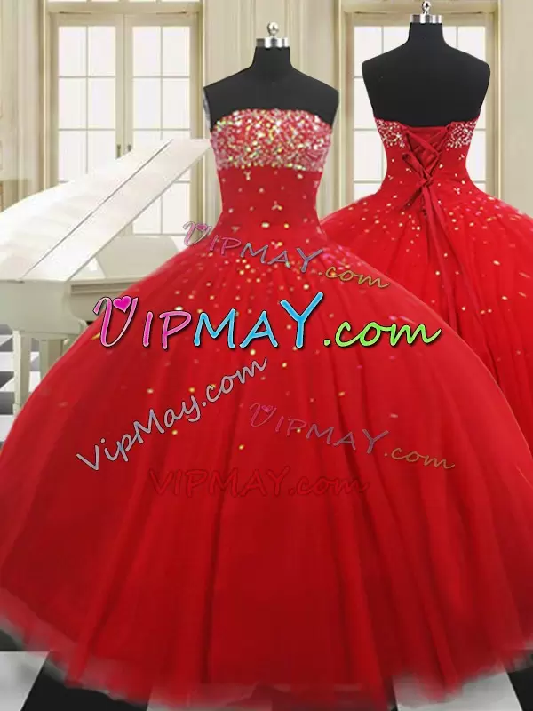 Pretty Red Strapless Lace Up Beading 15th Birthday Dress Sleeveless